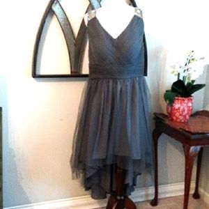 JJ' S HOUSE Soft Grey Tulle Overlay with a High Low Hemline & Beaded Sle…